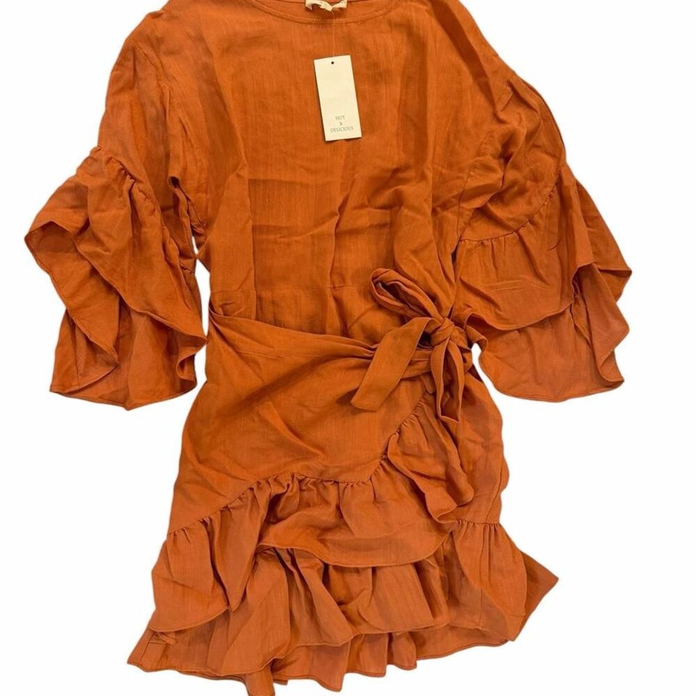 Hot & Delicious orange ruffle mini dress with tie waist